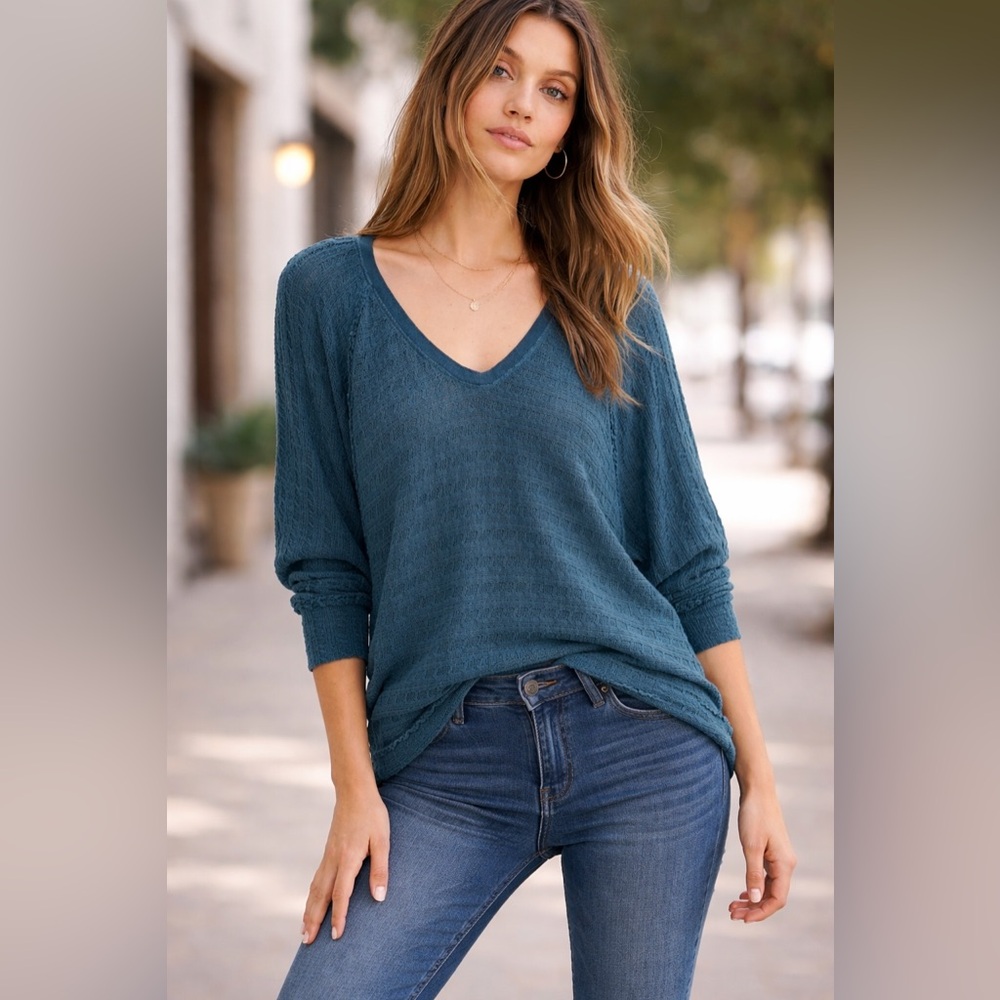 Free People Thien's Hacci Pullover in Teal Night